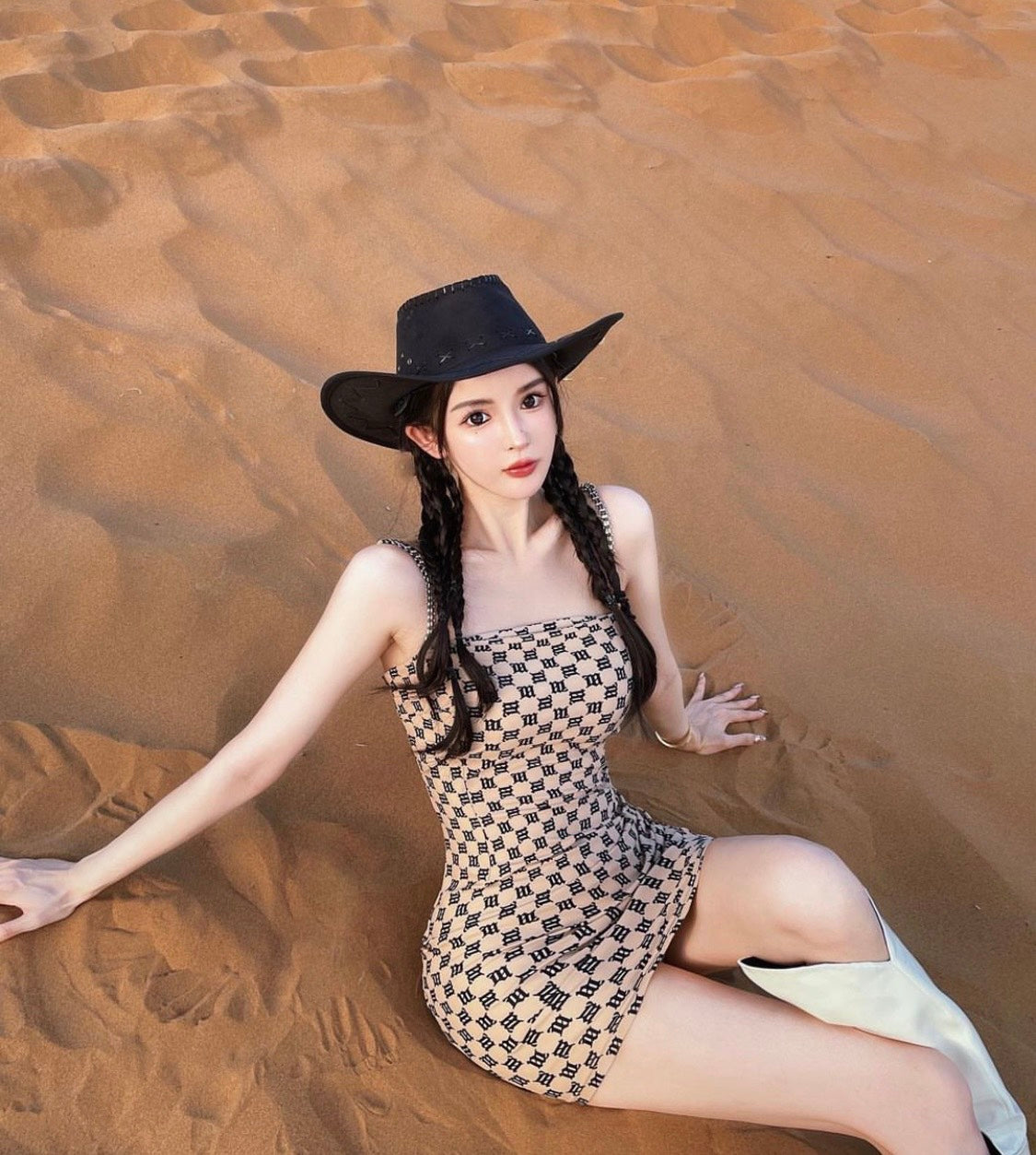 wearing MISBHV BEIGE MONOGRAM SPAGHETTI MINI DRESS 4020W017