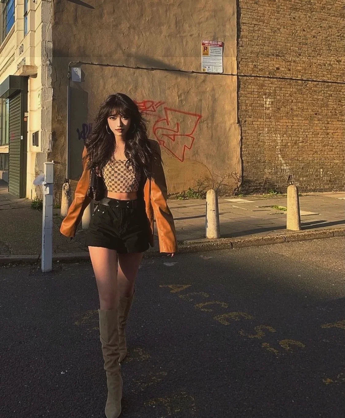 wearing MISBHV BEIGE MONOGRAM SPAGHETTI TOP 4020W016