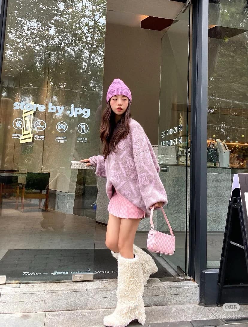 mẫu đeo túi MISBHV BUBBLEGUM JACQUARD MONOGRAM 90S BAG MINI 231A400