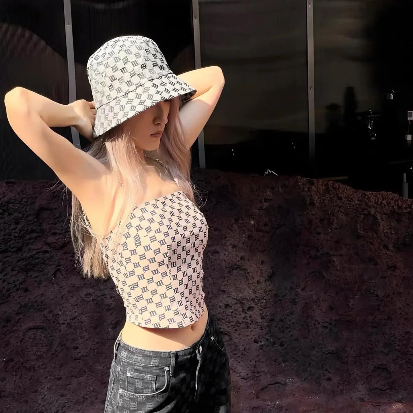 wearing MISBHV GREY JACQUARD CANVAS BUCKET HAT 3022A559