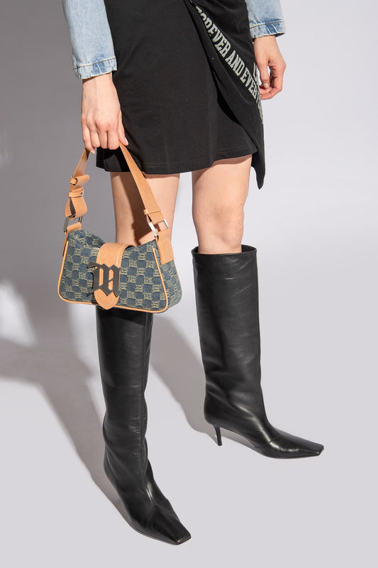 wearing Misbhv Monogram Blue Denim Washed Small Shoulder Bag 240A453D