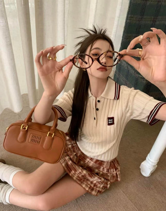 wearing MIU MIU ARCADIE LEATHER COGNAC S WIDE BAG 5BB142 2CR3 F0046