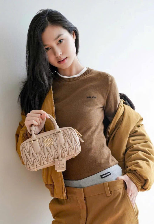 wearing Miu Miu Arcadie Matelassé Nappa Mini Bag Powder Pink 5BP088_AN88_F0236_V_OOO