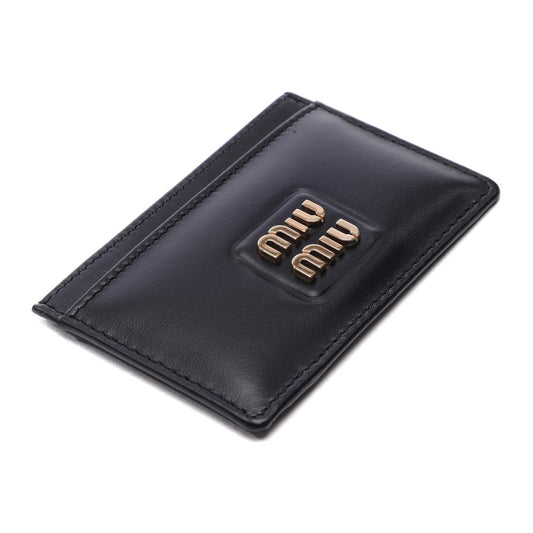 Miu Miu Black Smooth Leather Card Holder 5MC109_2E6Y_F0002 with gold logo on a white background