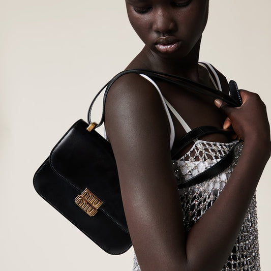 wearing Miu Miu Logo Leather Shoulder Bag Black 5BD254_2AIX_F0002