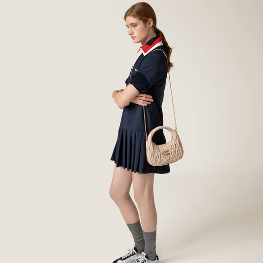 wearing MIU MIU WANDER MATELASSÉ NAPPA LEATHER HOBO BAG SMALL POWDER PINK 5BC125 N88 F0236