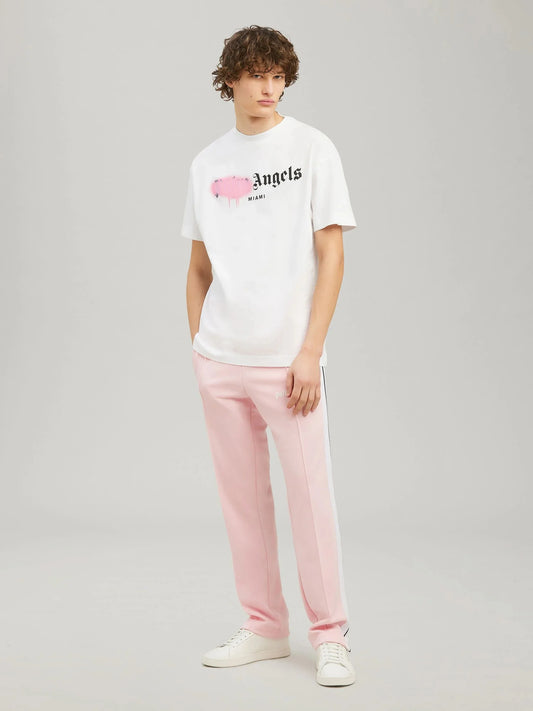 wearing PALM ANGLES MIAMI SPRAYED T-SHIRT WHITE PINK