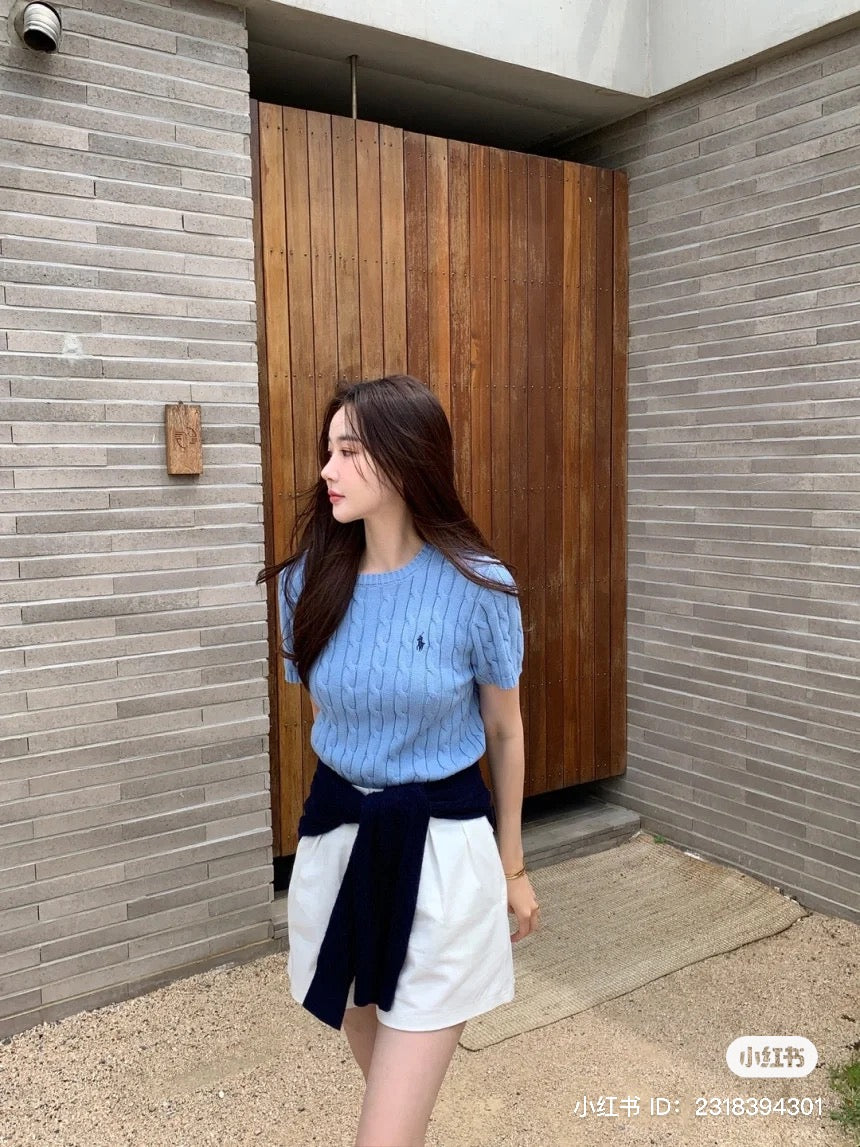 mẫu mặc áo POLO RALPH LAUREN BLUE KNIT-CABLE SHORT SLEEVES SWEATERS 211910987008