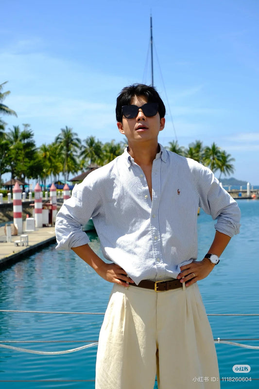 nam mặc áo POLO RALPH LAUREN BLUE WHITE SLIM FIT STRIPED OXFORD SHIRT 710716303003