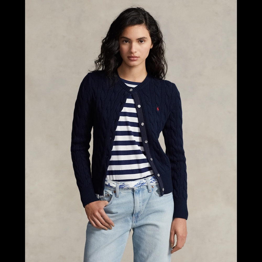 wearing Polo Ralph Lauren Cable-Knit Cotton Crewneck Cardigan Navy WMPOSWENDW20116
