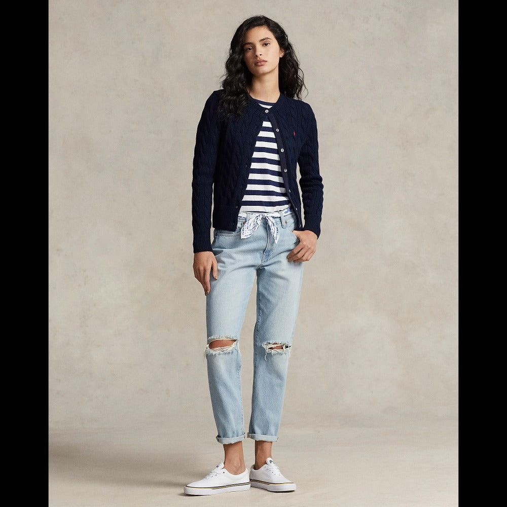 nữ mặc áo Polo Ralph Lauren Cable-Knit Cotton Crewneck Cardigan Navy WMPOSWENDW20116