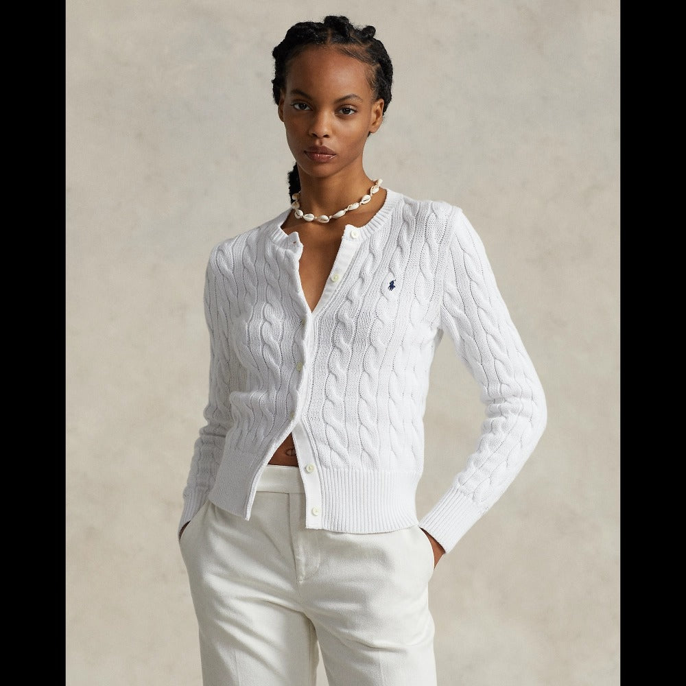 wearing Polo Ralph Lauren Cable-Knit Cotton Crewneck Cardigan White WMPOSWENDW20107
