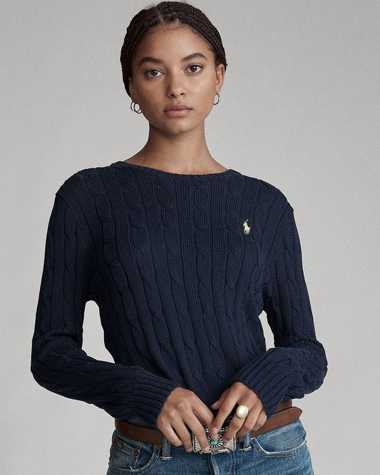 wearing Polo Ralph Lauren Cable-Knit Cotton Crewneck Sweater Navy/White 683616 211747397001
