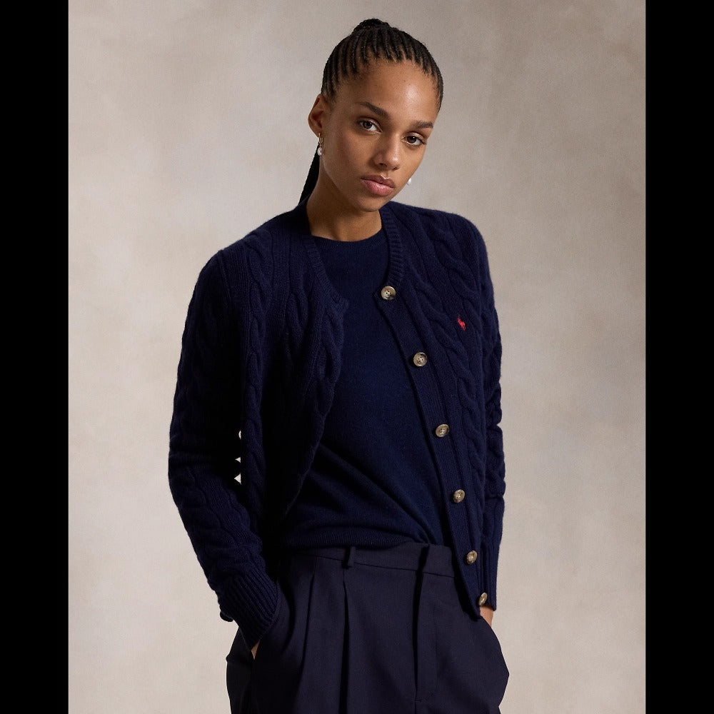 wearing Polo Ralph Lauren Cable-Knit Wool-Cashmere Cardigan Navy WMPOSWENDW20294