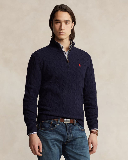 wearing Polo Ralph Lauren Cable-Knit Wool-Cashmere Sweater Hunter Navy 625234 710876766002