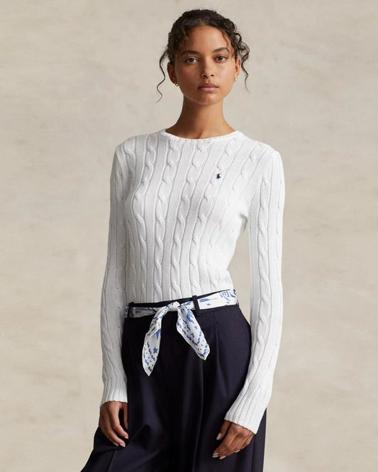 wearing Polo Ralph Lauren Julianna Cable-Knit Cotton Sweater White 211891640001