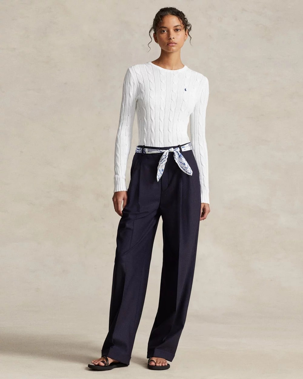 nữ mặc áo Polo Ralph Lauren Julianna Cable-Knit Cotton Sweater White 211891640001