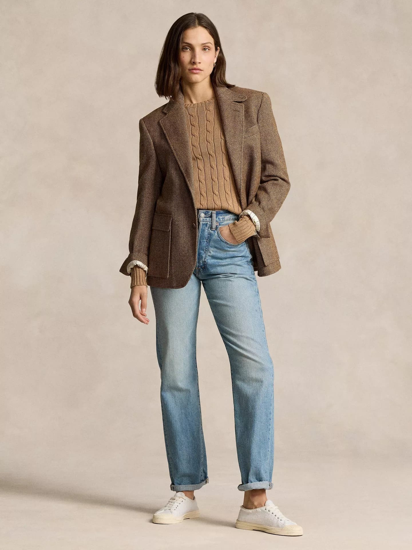 nữ mặc áo Polo Ralph Lauren Julianna Cable-Knit Sweater Beige 211570012144