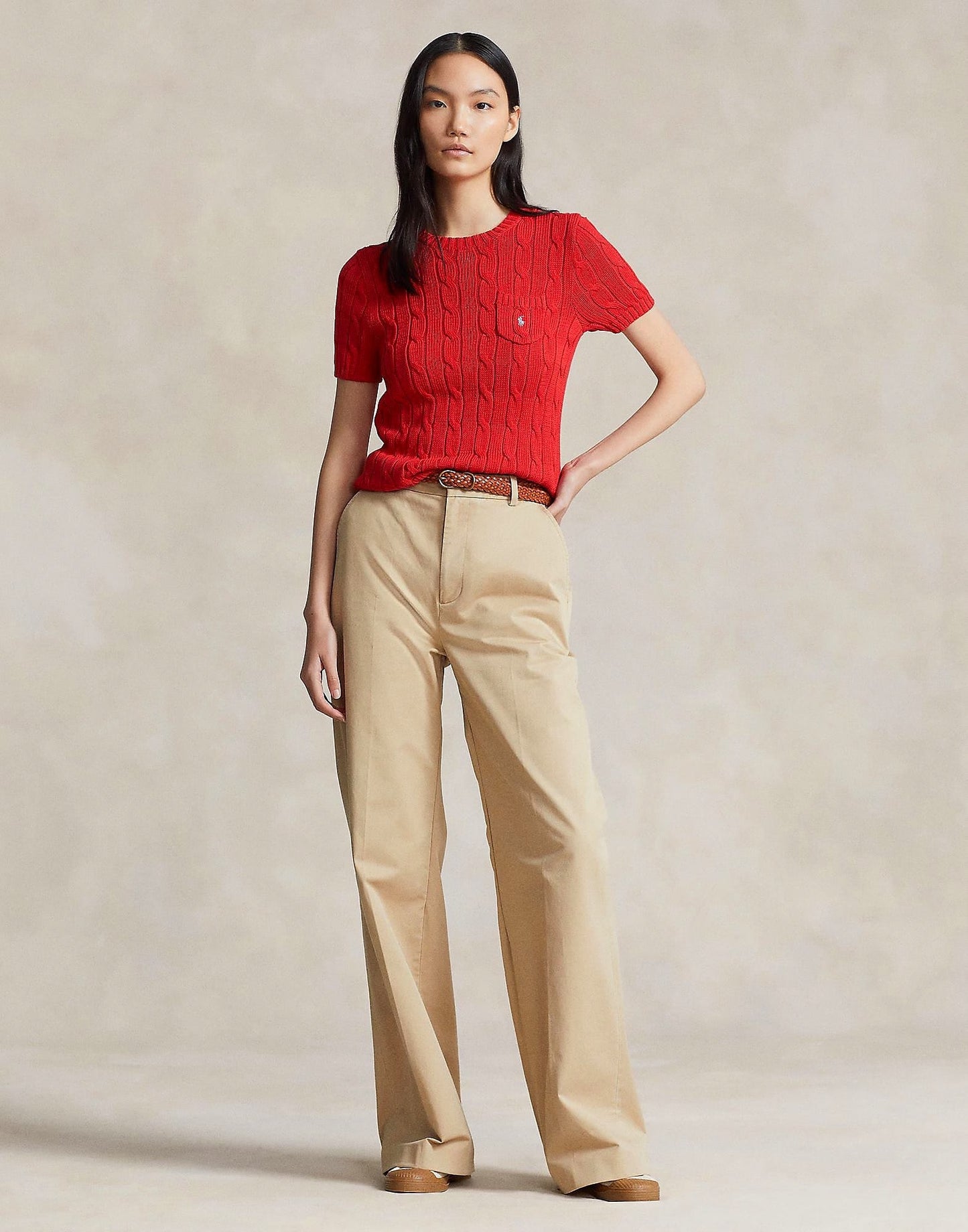 nữ mặc áo POLO RALPH LAUREN KNIT-CABLE SHORT SLEEVES RED 211895379007