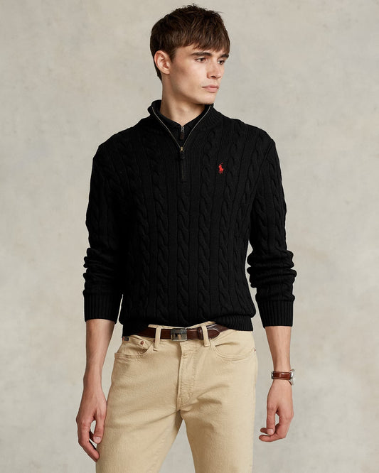 wearing Polo Ralph Lauren Men Cable-Knit Cotton Quarter-Zip Jumper Black 546351 710810841006