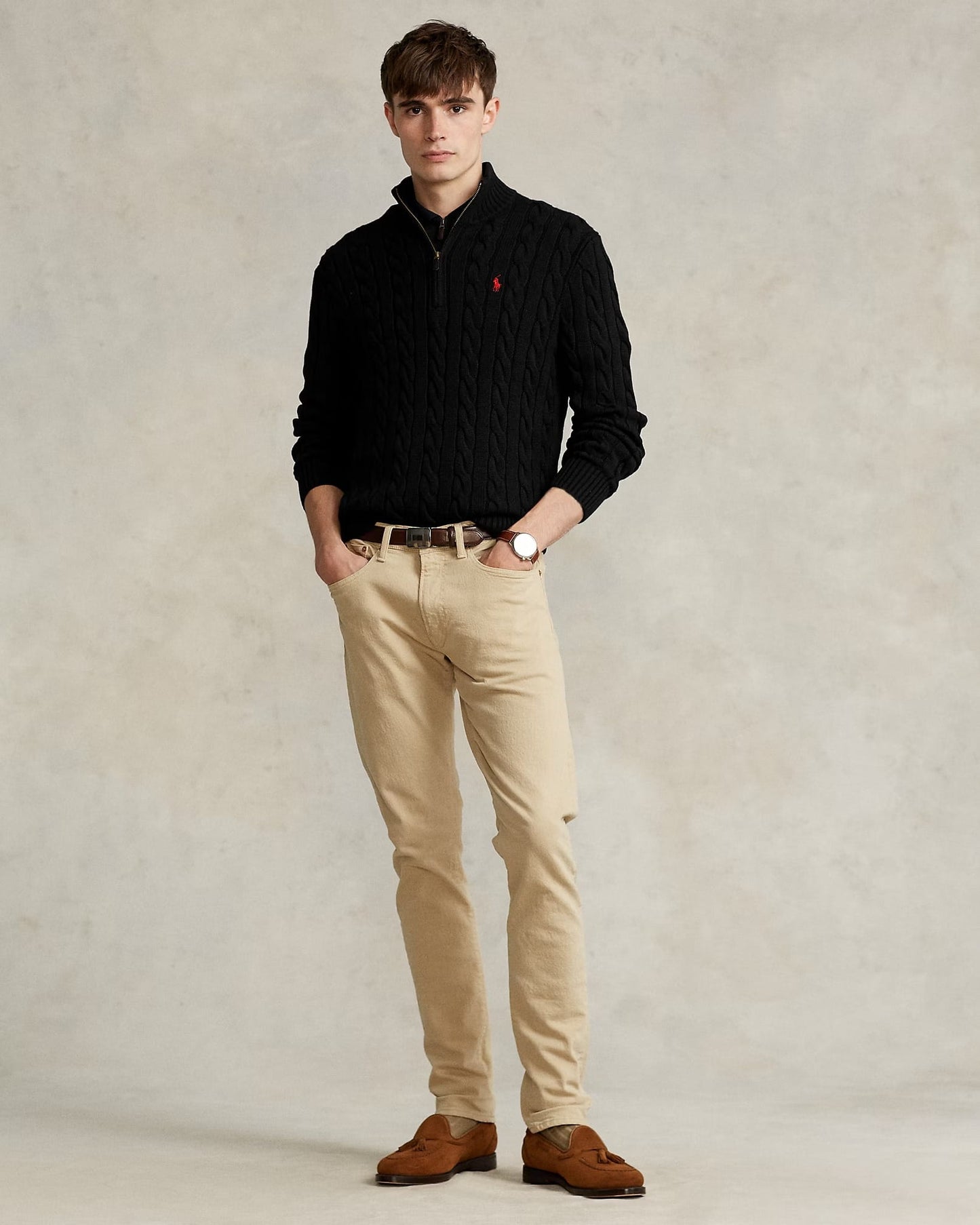 nam mặc áo Polo Ralph Lauren Men Cable-Knit Cotton Quarter-Zip Jumper Black 546351 710810841006