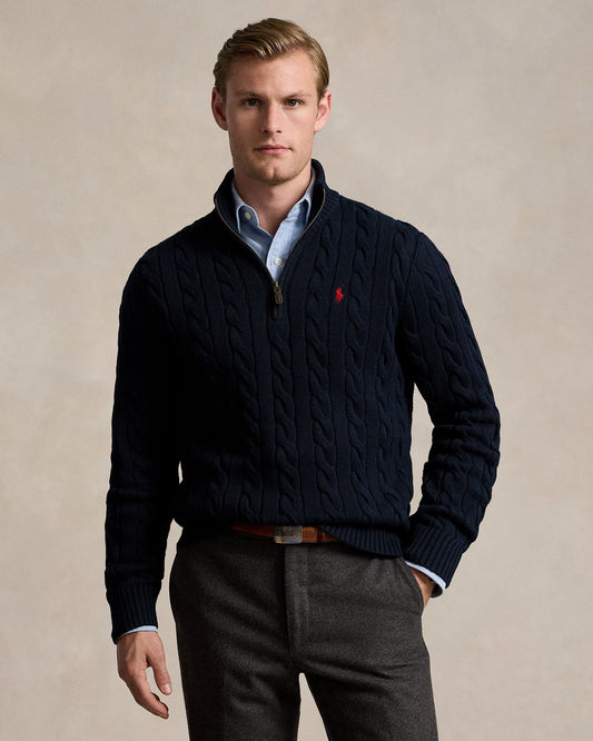 wearing Polo Ralph Lauren Men Cable-Knit Cotton Quarter-Zip Jumper Hunter Navy 546351 710810841001