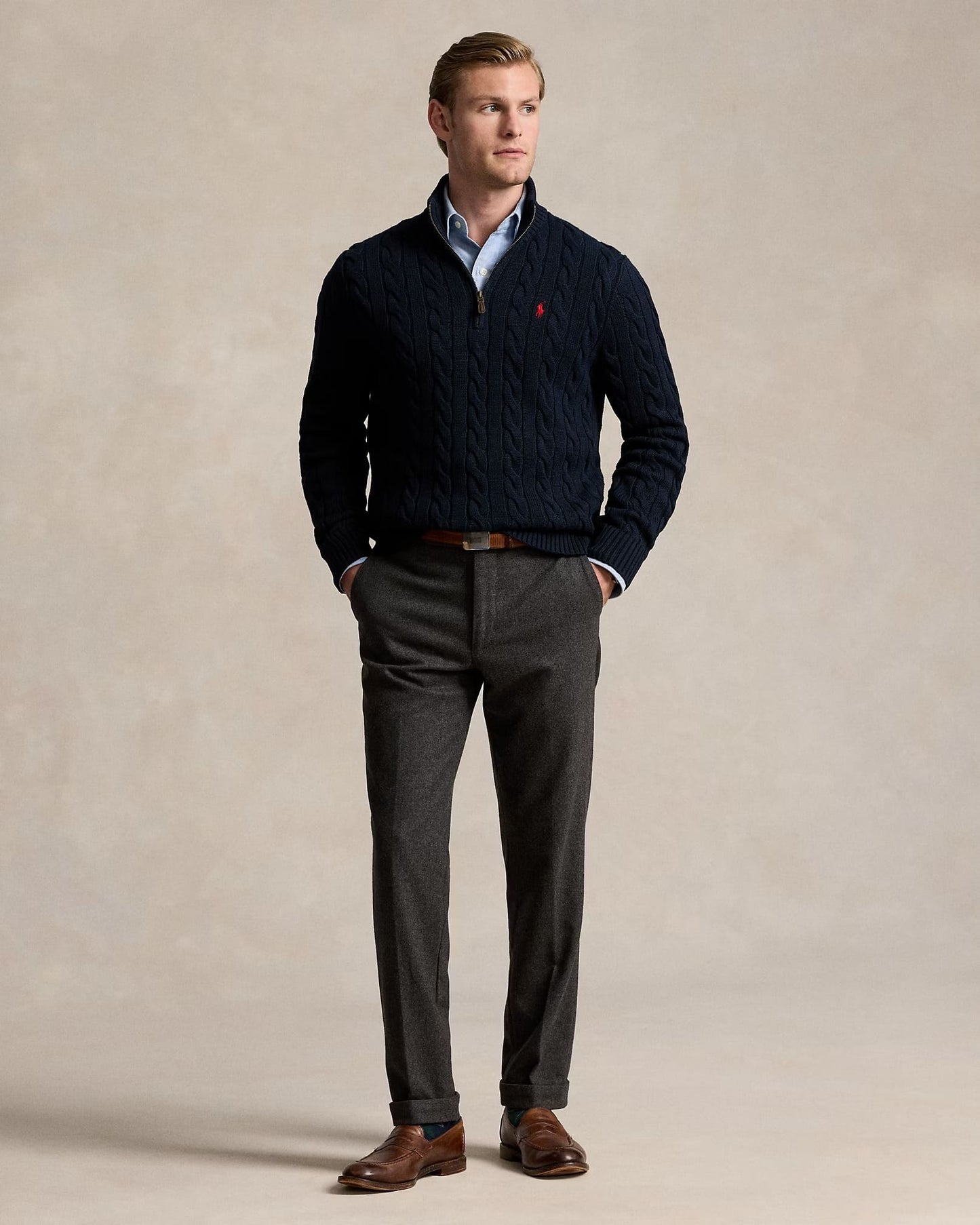 nam mặc áo Polo Ralph Lauren Men Cable-Knit Cotton Quarter-Zip Jumper Hunter Navy 546351 710810841001