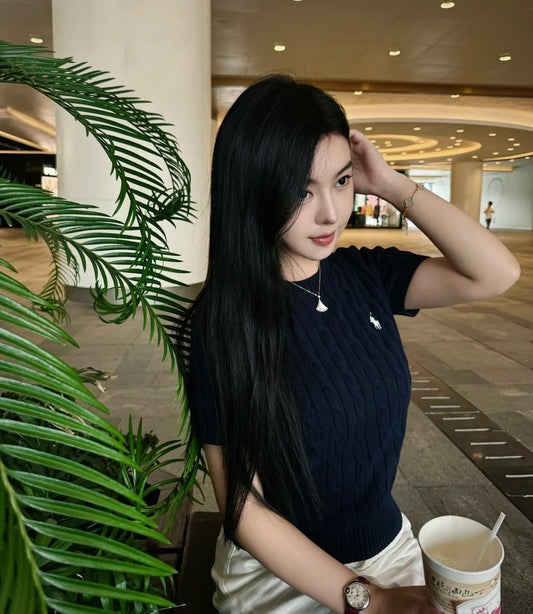 nữ mặc áo POLO RALPH LAUREN NAVY KNIT-CABLE SHORT SLEEVES SWEATERS 211910987002