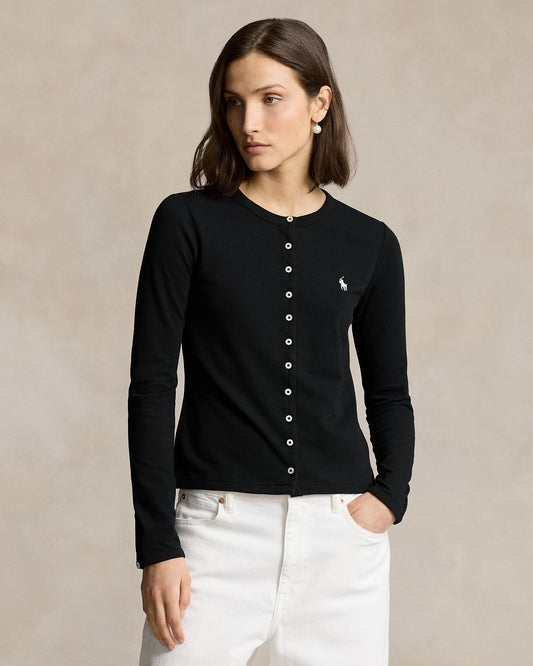 Woman wearing a Polo Ralph Lauren Stretch Mesh Cotton Crewneck Cardigan – Black 211941175002 with a logo on a beige background