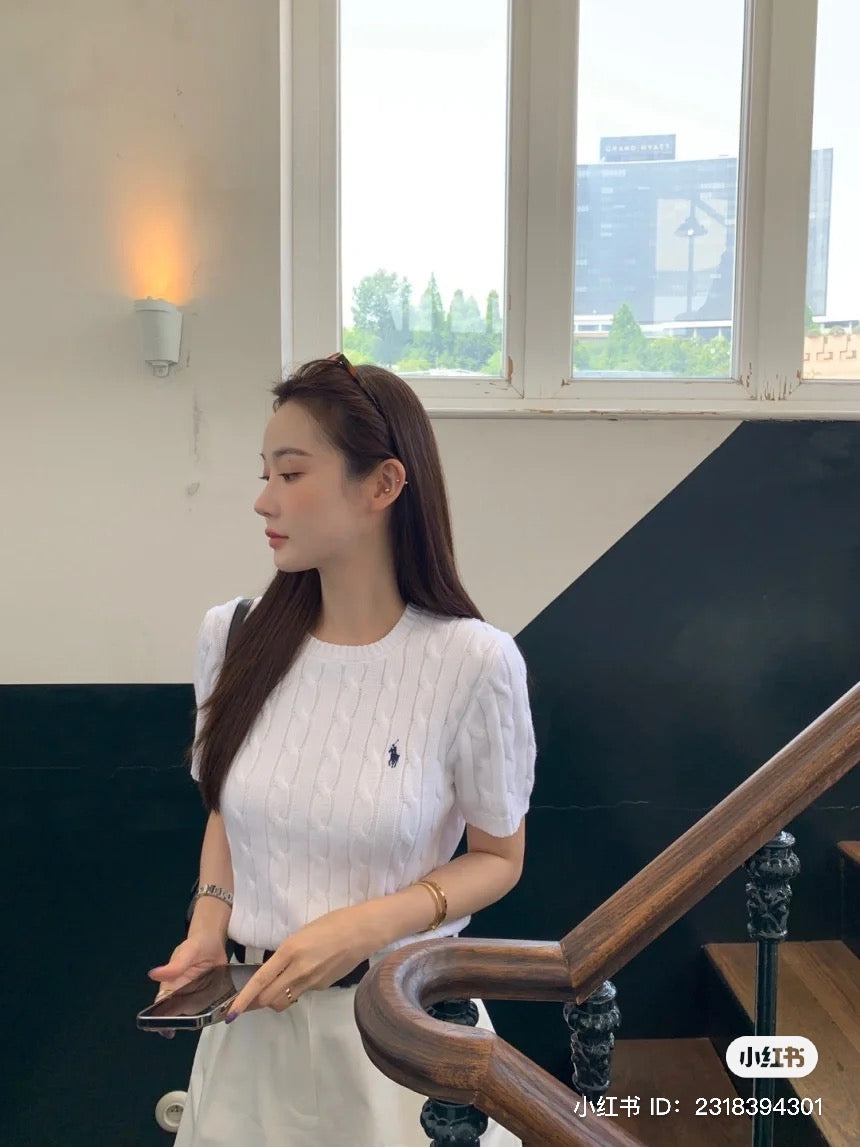 mẫu mặc áo POLO RALPH LAUREN WHITE KNIT-CABLE SHORT SLEEVES SWEATERS 211910987001