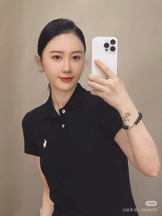 mẫu mặc áo POLO RALPH LAUREN WOMEN BLACK CLASSIC FIT MESH POLO SHIRT 211506471079