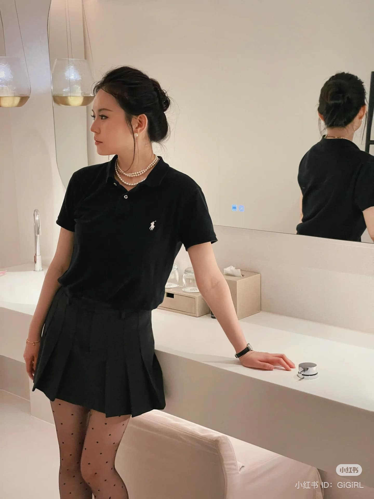 chi tiết POLO RALPH LAUREN WOMEN BLACK CLASSIC FIT MESH POLO SHIRT 211506471079