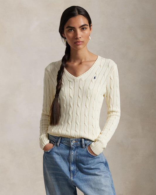 wearing Polo Ralph Lauren Women Cable-Knit Cotton V-Neck Sweater Cream 638617 211891641009