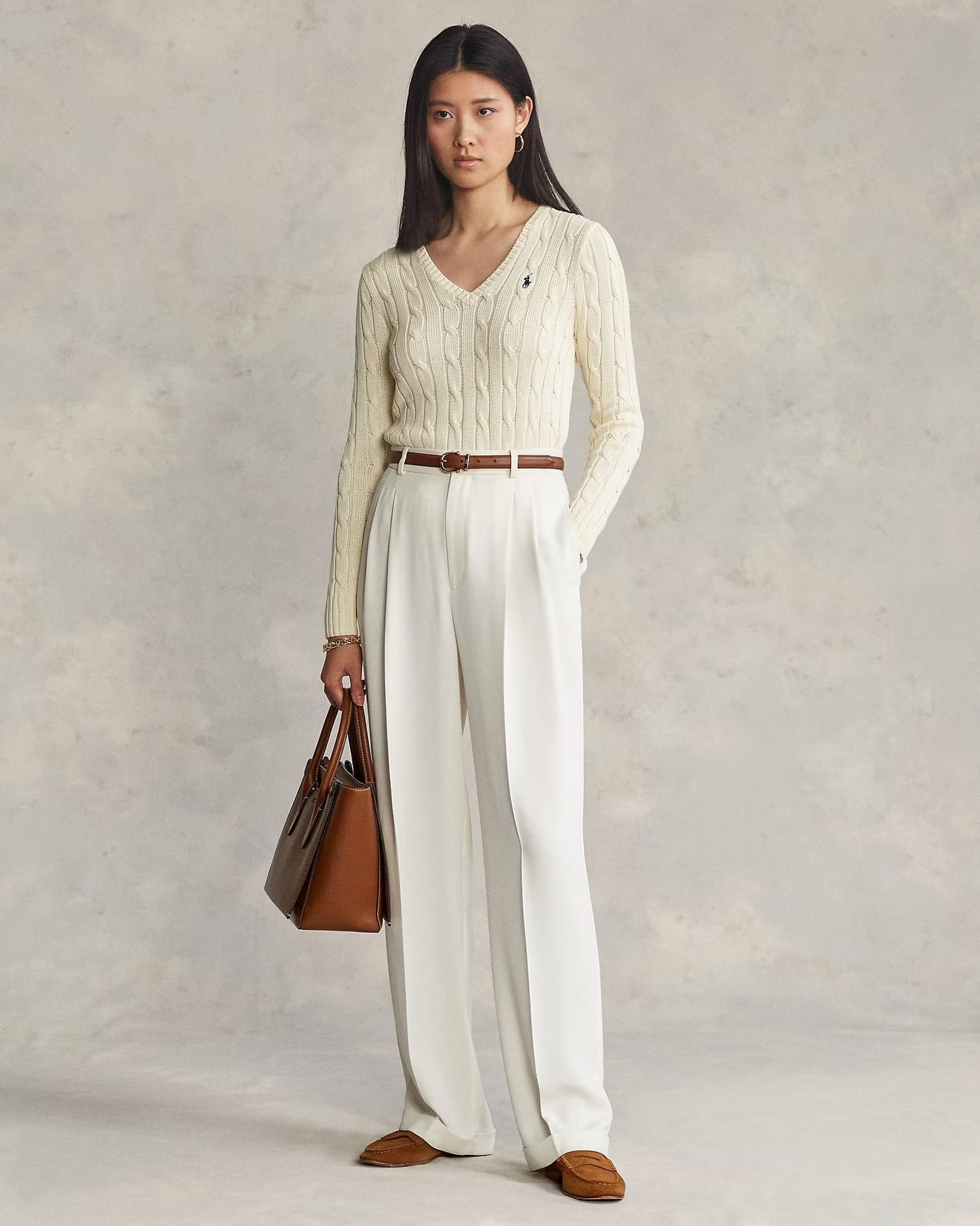 nữ mặc áo Polo Ralph Lauren Women Cable-Knit Cotton V-Neck Sweater Cream 638617 211891641009