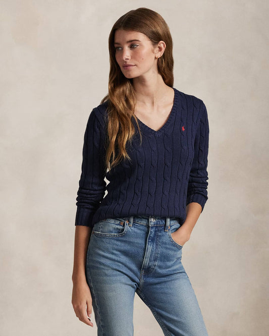 wearing Polo Ralph Lauren Women Cable-Knit Cotton V-Neck Sweater Hunter Navy 638617 211891641002