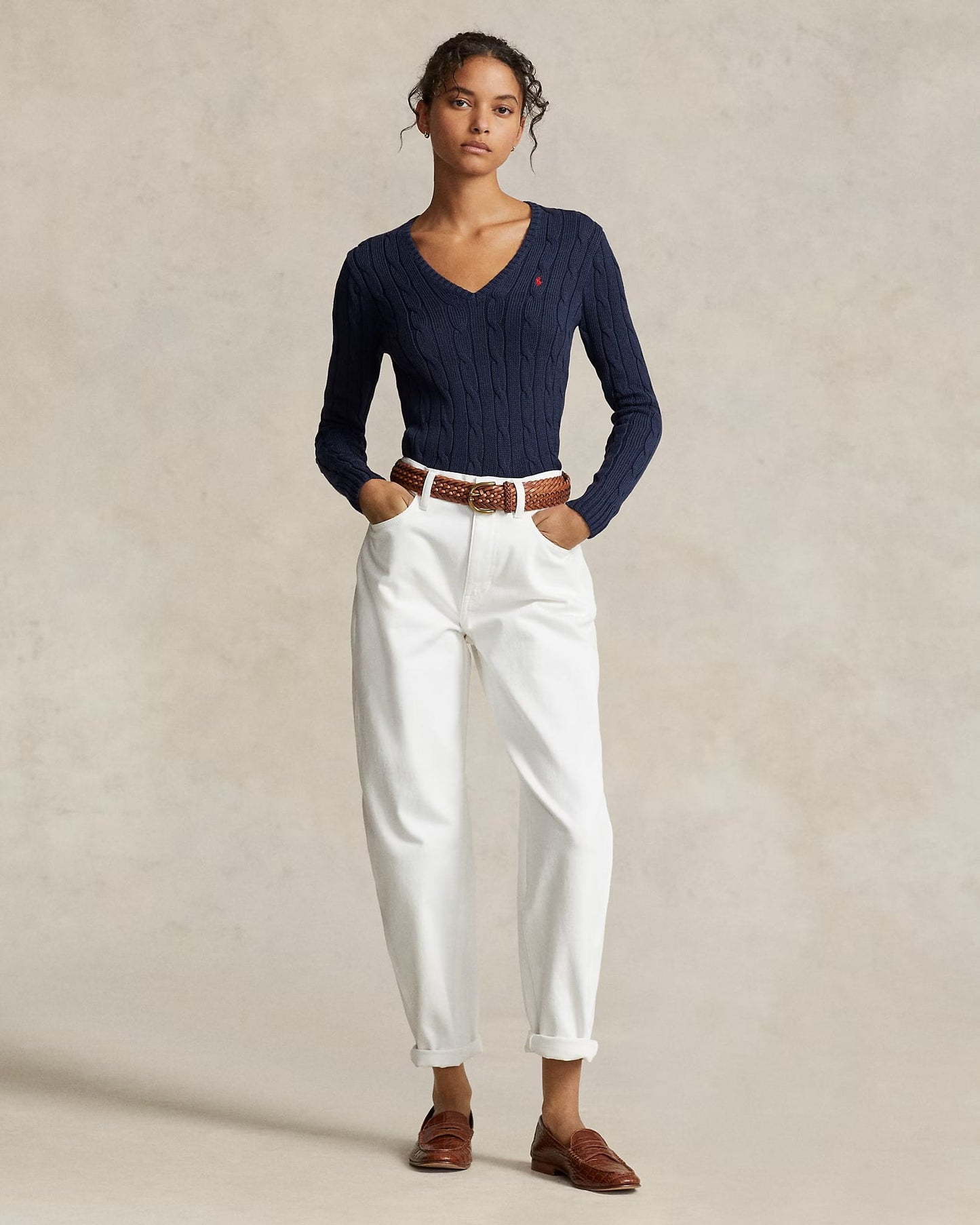 nữ mặc áo Polo Ralph Lauren Women Cable-Knit Cotton V-Neck Sweater Hunter Navy 638617 211891641002