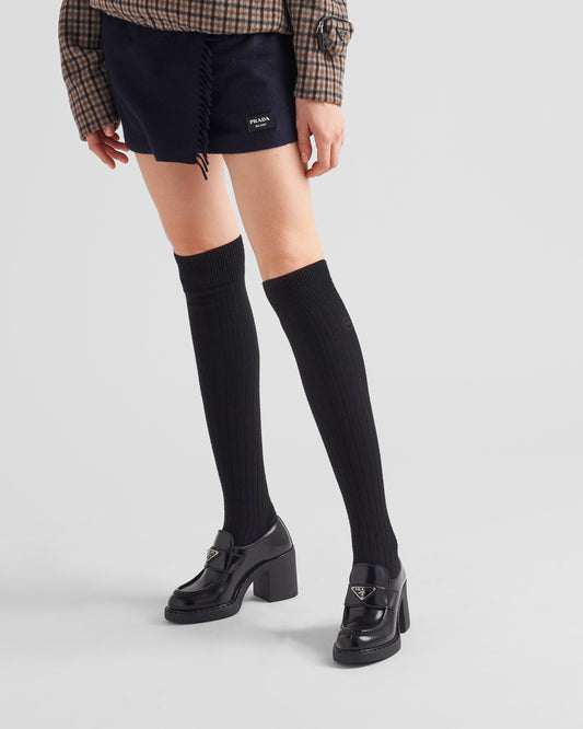 wearing Prada Chocolate Brushed Loafer Heel Black 1D246M_055_F0002_F_BB85