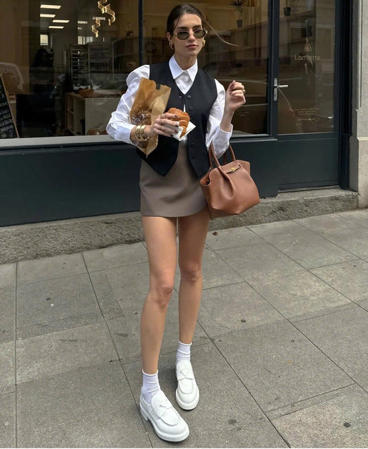 wearing PRADA CHOCOLATE PATENT LEATHER LOAFERS WHITE 1D246M_JHR_F0009