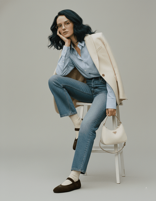 Woman sitting on a chair wearing a light coat, blue jeans, and holding a white handbag with Prada Coffee Collapse Re-Nylon and Suede Ballerinas 1F215O_D7C_F0201_F_005
