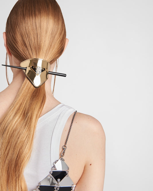 wearing Prada Leather Hair Clip Gold Mirror Finish 1IF004_ZO6_F0522