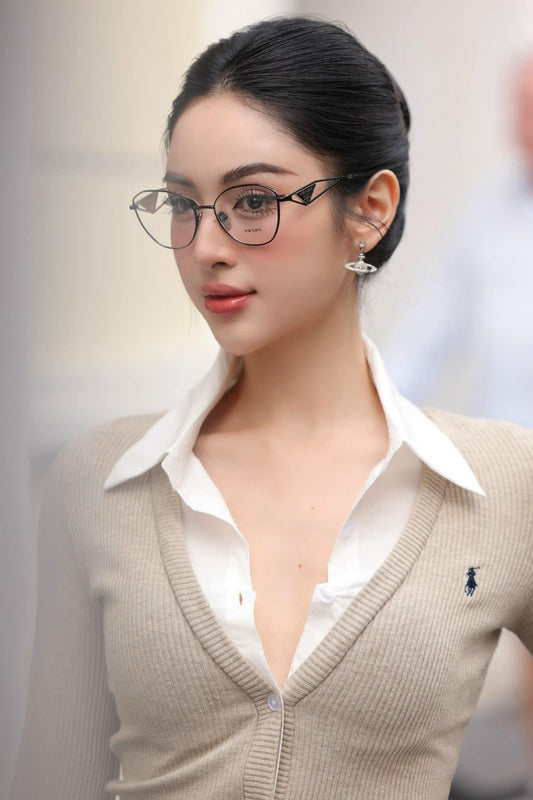 wearing Prada PR 52ZV 1AB101 Black Metal Frame Eyeglasses