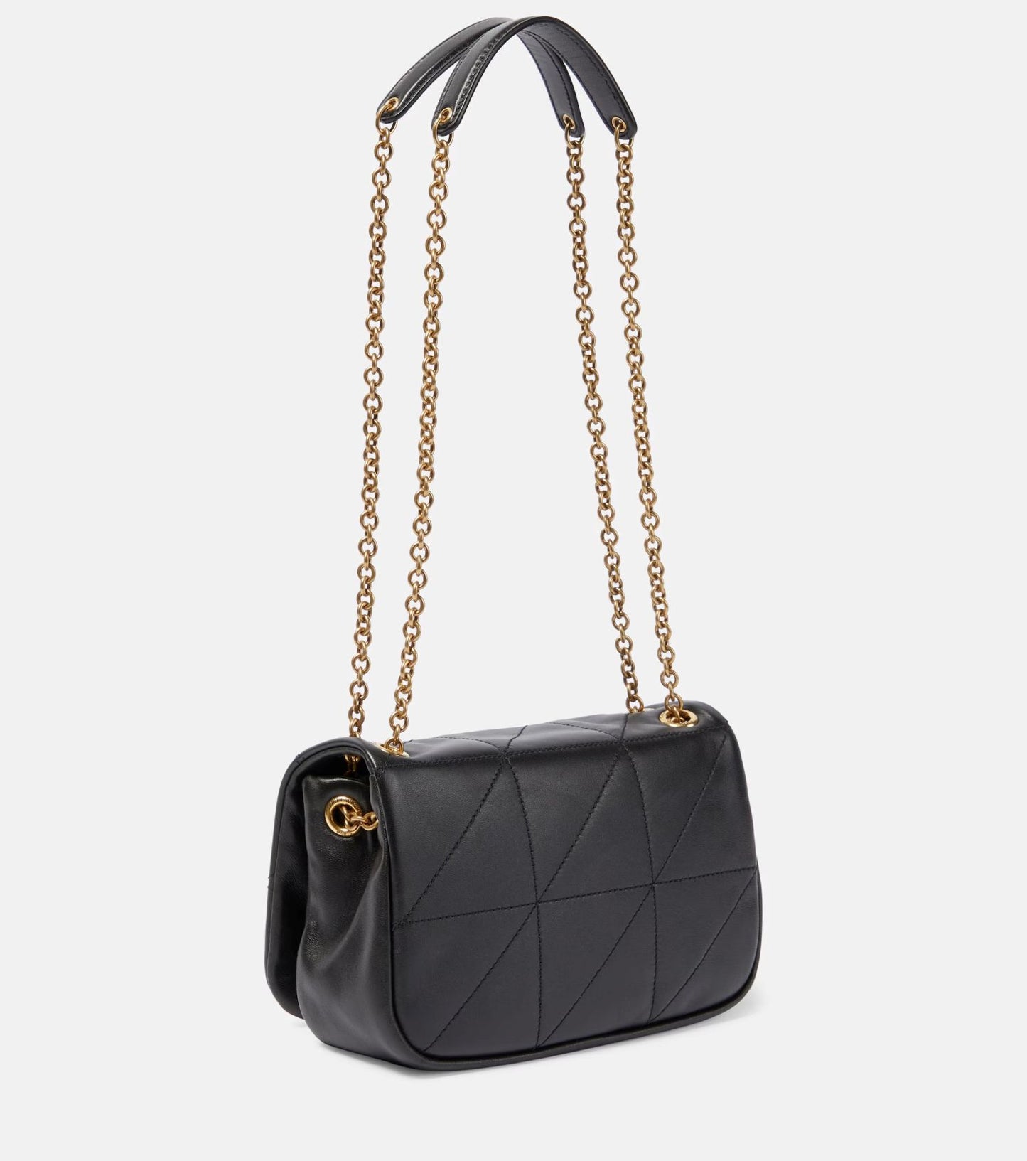 behind Saint Laurent JAMIE 4.3 Mini in Lambskin – Noir 766754AAB321000 with gold chain strap on a white background