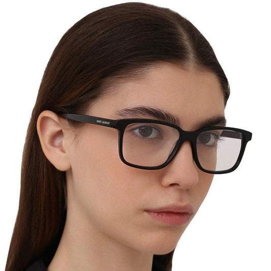 wearing SAINT LAURENT SL 483 001 RECTANGULAR EYEGLASSES