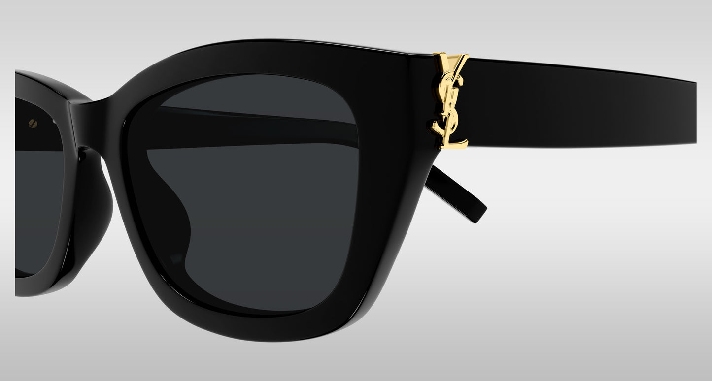 Saint Laurent SL M153-001 Black Rectangular Sunglasses with dark lenses and a gold-tone YSL logo on the temple, shown against a light gray gradient background.