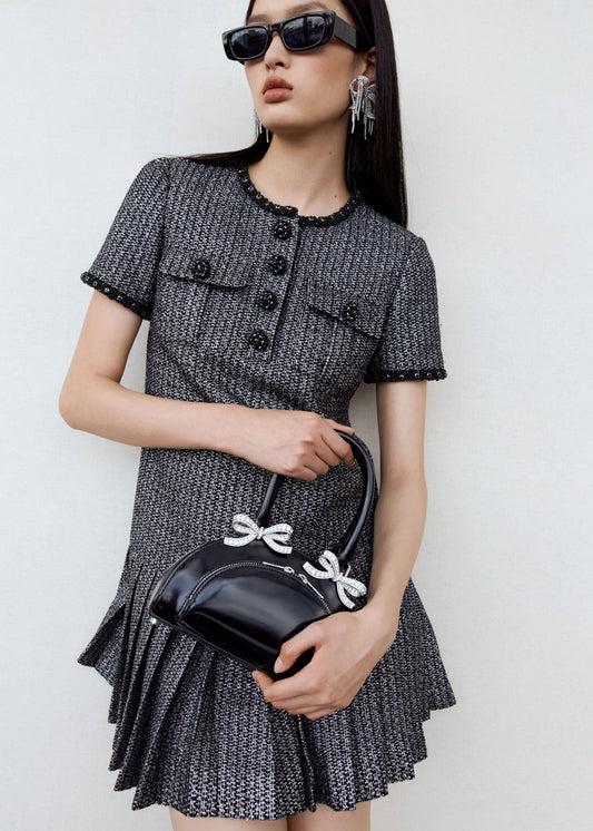 wearing Self-Portrait Black Leather Curved Mini Tote Bag AW24-300-B