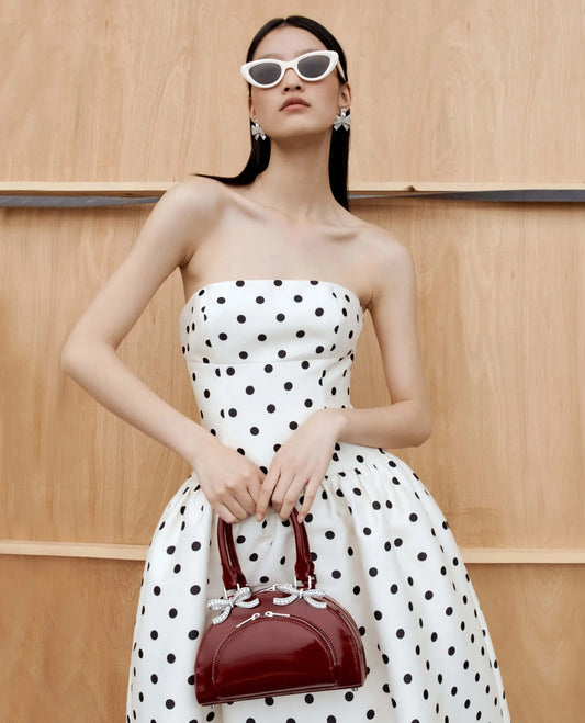 wearing Self-Portrait Burgundy Leather Curved Mini Tote Bag AW24-300-BU