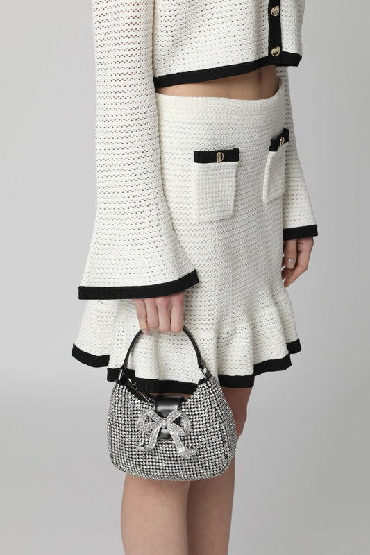 wearing Self-Portrait Silver Diamante Crescent Bow Bag SS24-314-SIL
