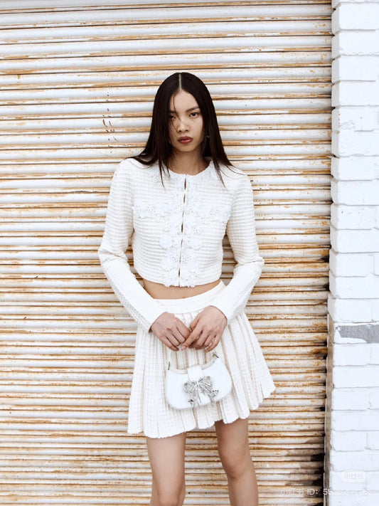 wearing SELF-PORTRAIT WHITE LEATHER CRESCENT BAG RS24-320-C