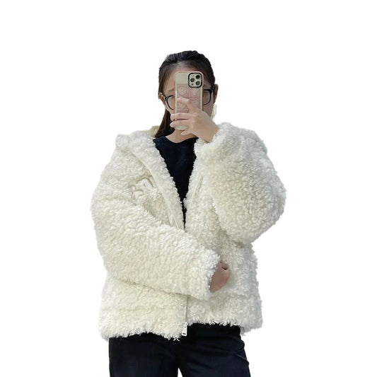 13DE MARZO BEAR FUZZY HOODIE COAT WHITE