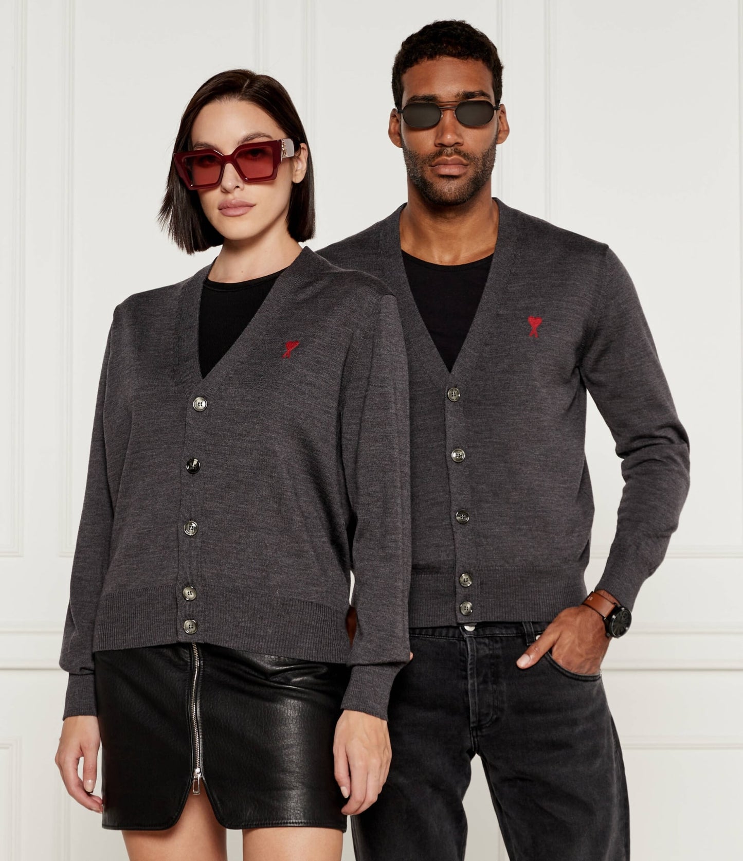 wearing Ami Paris Small Ami De Coeur Dark Grey Cardigan HKC111.KN0025 005